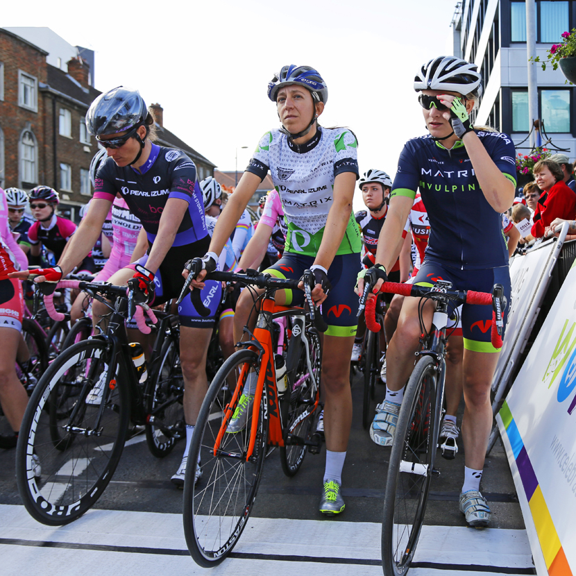 Sarah Storey, Helen Wyman and Sigrid Jochems line up at the start of the Tour Series race in Woking, 2014: no time for self-doubt. 
